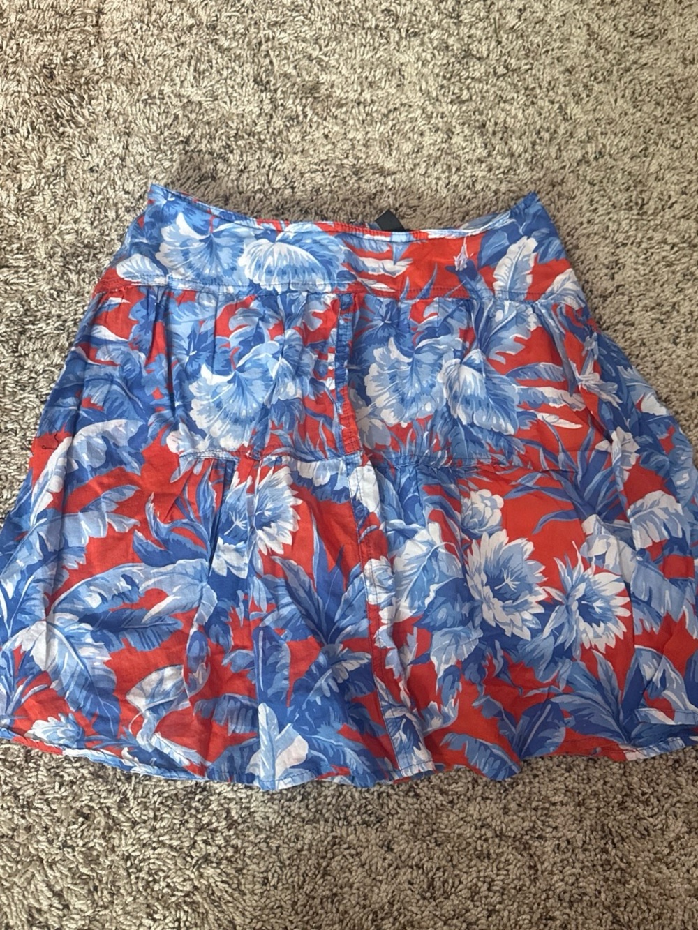 J. Crew Red Skater Skirt with Blue Floral Print